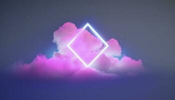 3d render, abstract minimal background with pink blue yellow neon light square frame with copy space, illuminated stormy clouds, glowing geometric shape, generate ai photo