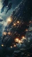 Cinematic Still, intense space battle between two massive battleships, starry sky, nebulae, galaxies, HDR futuristic space battleship destroyers traveling through an asteroid field, generate ai photo