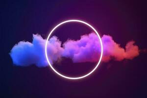 3d render, abstract cloud illuminated with neon light ring on dark night sky. Glowing geometric shape, round frame, generate ai photo