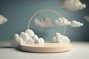 Mock up display platform podium stage with clouds background, show the cosmetic product, Generate Ai photo