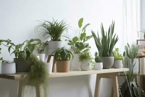 Green houseplants in pots and watering can on wooden table near white wall , generate ai photo