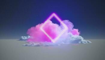 3d render, abstract minimal background with pink blue yellow neon light square frame with copy space, illuminated stormy clouds, glowing geometric shape, generate ai photo