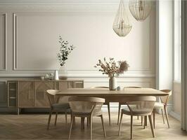 Cozy dining room interior in beige, 3d render, generate ai photo