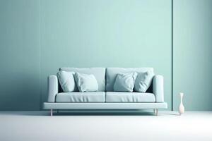suave azul sofá en un azul fondo, 3d ilustración, moderno minimalista vivo habitación interior detalle. comodidad, social medios de comunicación y rebaja concepto, creativo anuncio idea, ai generado imagen. foto