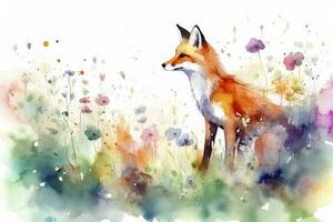 A fox in a field of flowers, watercolor painting, beautiful natural forms, crisp clean shapes, colorful, white background, generate ai photo