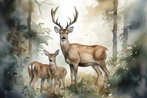 A family of deer in a forest clearing watercolor, generate ai photo