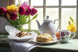 A Mother's Day arrangement with tea and scones in front of a bright window, generate ai photo