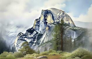 watercolor painting of a national park, featuring iconic landmarks, such as Old Faithful in Yellowstone or Half Dome in Yosemite, and intricate details of nature and wildlife, generate ai photo