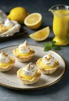 Lemon meringue tarts, one bite desserts idea, generate ai photo