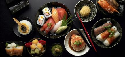 tradicional japonés comida platos en negro fondo, generar ai foto