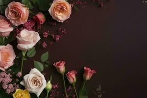 Roses Flower Arrangement, Copy Space, Flat Lay , generate ai photo
