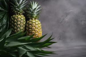 Fresh pineapple with tropical leaves on gray background. , generate ai photo