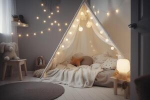 Kids bedroom in dark colors. Cozy kids room interior, scandinavian nordic design with light garlands and soft pillows, tent canopy bed. Children room in evening with lights on. image. photo
