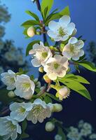 primavera el Cereza flores vendimia, con azul cielo fondo, generar ai foto