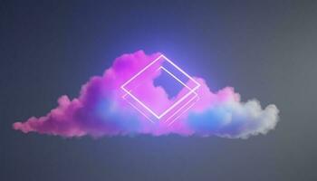 3d render, abstract minimal background with pink blue yellow neon light square frame with copy space, illuminated stormy clouds, glowing geometric shape, generate ai photo