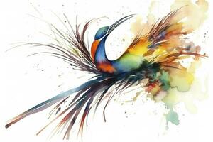 un pájaro de paraíso mostrando sus vistoso plumas acuarela cuadro, hermosa natural formularios, crujiente limpiar formas, vistoso, blanco fondo, generar ai foto
