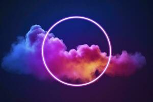 3d render, abstract cloud illuminated with neon light ring on dark night sky. Glowing geometric shape, round frame, generate ai photo