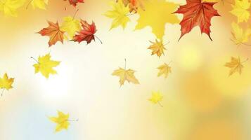 Autumn natural background with yellow and red maple leaves are flying and falling down, generate ai photo