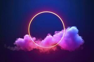 3d render, abstract cloud illuminated with neon light ring on dark night sky. Glowing geometric shape, round frame, generate ai photo