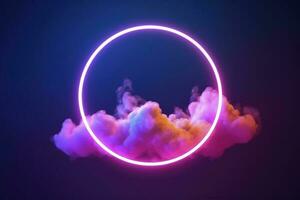 3d render, abstract cloud illuminated with neon light ring on dark night sky. Glowing geometric shape, round frame, generate ai photo