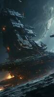 Cinematic Still, intense space battle between two massive battleships, starry sky, nebulae, galaxies, HDR futuristic space battleship destroyers traveling through an asteroid field, generate ai photo