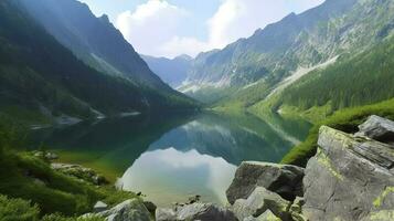 Reflection of mountain range in lake, Grand Teton National Park, generate ai photo