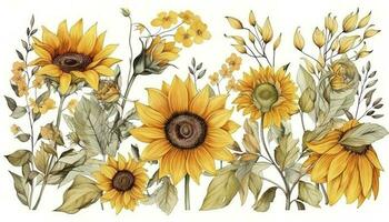 Spring floral art background vector. Botanical watercolor hand drawn sunflowers, leaves, plants. Blossom design illustration for wallpaper, banner, print, poster, generate ai photo