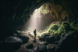 aventurero en un cueva, generar ai foto