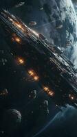 Cinematic Still, intense space battle between two massive battleships, starry sky, nebulae, galaxies, HDR futuristic space battleship destroyers traveling through an asteroid field, generate ai photo