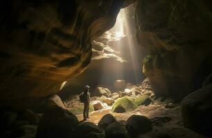 aventurero en un cueva, generar ai foto