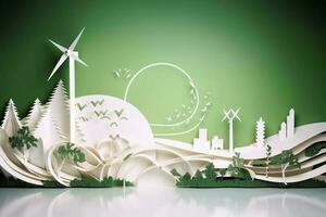 Paper art, renewable energy with green energy such as wind turbines, Renewable energy by 2050 Carbon neutral energy, Energy consumption, and CO2, Reduce CO2 emission concept, generate ai photo