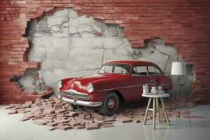 3d mural fondo de pantalla roto pared ladrillos y un clásico rojo coche. mundo mapa en un de colores antecedentes. para para niños y niños cama habitación fondo de pantalla, generar ai foto