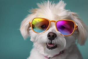 Cute puppy with colorful sunglasses , symbolic of LGBTQ campaign , photo