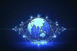 Global network on Earth concept. 3D rendering, World map point. Big data analytics and business concept, world map point and line composition concept of global business, generate ai photo