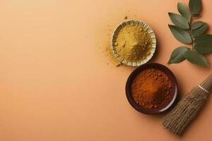 Flat lay composition with henna and turmeric powder on coral background, space for text. Natural hair coloring, generate ai photo