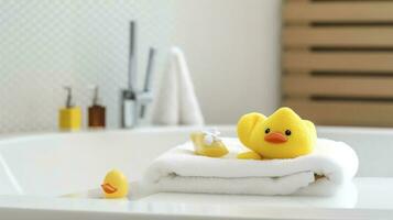 Yellow rubber duckling on white terry towel and two pieces soap, generate ai photo