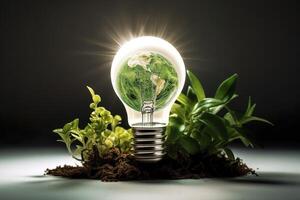 Light bulb with plant and green earth , photo