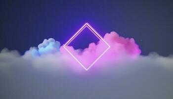 3d render, abstract minimal background with pink blue yellow neon light square frame with copy space, illuminated stormy clouds, glowing geometric shape, generate ai photo