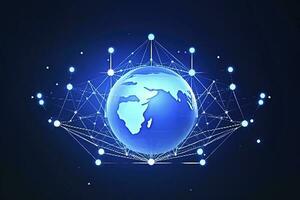 Global network on Earth concept. 3D rendering, World map point. Big data analytics and business concept, world map point and line composition concept of global business, generate ai photo