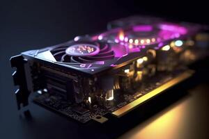 High-performance graphics card with cyberpunk coolers, motherboard background, photo