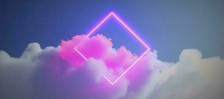 3d render, abstract minimal background with pink blue yellow neon light square frame with copy space, illuminated stormy clouds, glowing geometric shape, generate ai photo