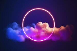 3d render, abstract cloud illuminated with neon light ring on dark night sky. Glowing geometric shape, round frame, generate ai photo