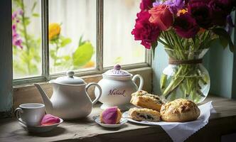 A Mother's Day arrangement with tea and scones in front of a bright window, generate ai photo