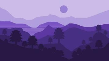 Beautiful landscape view of mountain and trees in flat design with purple color composition. Suitable for poster and home wall decoration vector