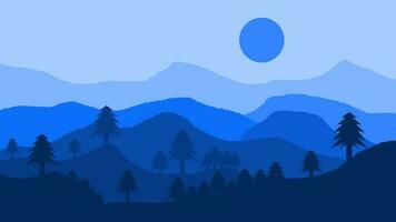 hermosa paisaje montaña vista, árbol y Luna en plano diseño con azul color composición. adecuado para hogar pared decoración vector