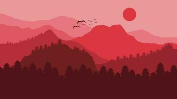 Abstract wall art. Beautiful forest and mountain landscape in flat design with red color composition. Suitable for poster and home wall decoration vector