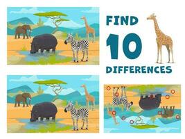 Find ten differences game with african animals vector