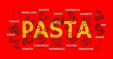 Pasta types banner, Italian cuisine food cooking vector