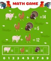 Cartoon farm animals, math game worksheet quiz vector