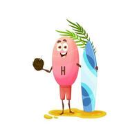 Cartoon vitamin H character fun with surfboard vector